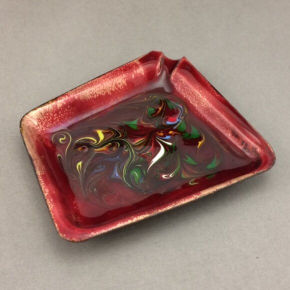 Vintage Enamel on Copper Red Abstract Swirl Ashtray Artisan Handmade - Picture 4 of 14